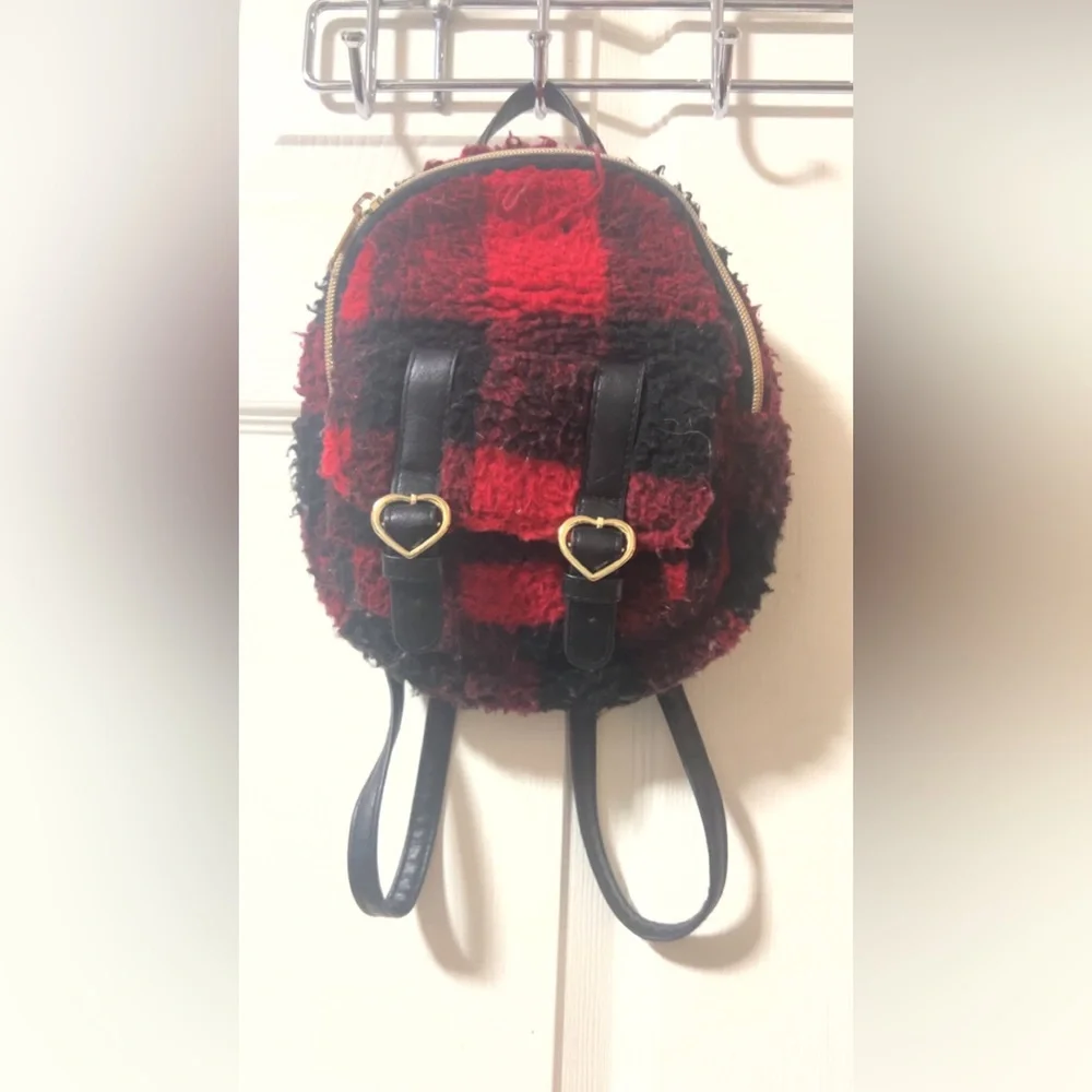 Red and Black Check Mini Backpack - Heart Buckle Accent
